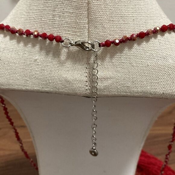 C EST 1946 Signed Long Red Beaded Tassel Necklace lobster claw clasp/extender. - Picture 4 of 7